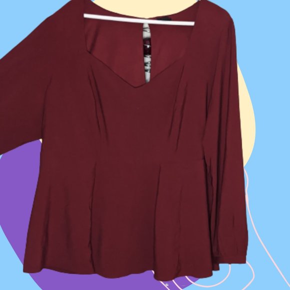 Plus Burgandy Long Sleeve Baby-Doll Blouse - Picture 1 of 4